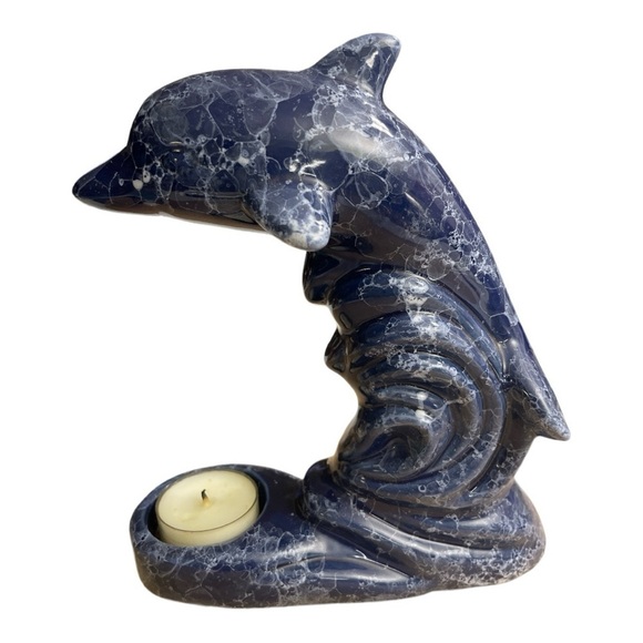 COBALT BLUE CERAMIC DOLPHIN FIGURINE  TEA LIGHT CANDLE HOLDER - Picture 3 of 9